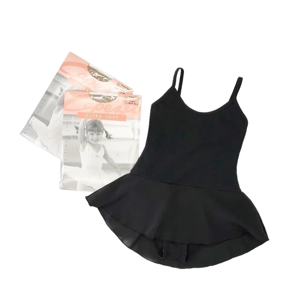 Sansha Tiara Ballet Leotard Dress Black Size B = 4 + Capezio Tan Tights New NWT